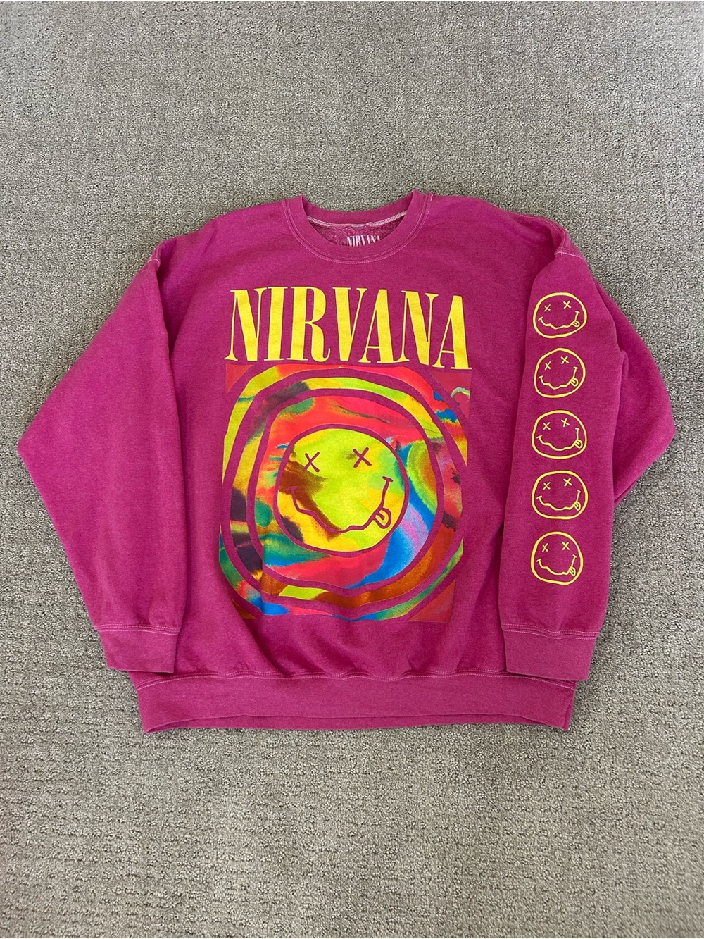 NIRVANA Magenta Crewneck Sweatshirt with Yellow Logo and Multicolor Graphic